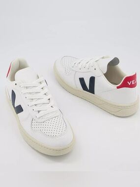 Veja V-10 White Sneakers with Navy V and Red Heel Accent
